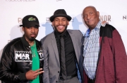 Young Tez, director JR Strickland, and Jerry Strickland attend the premiere of ‘A-Minor’ at Raleigh Studios in Hollywood.